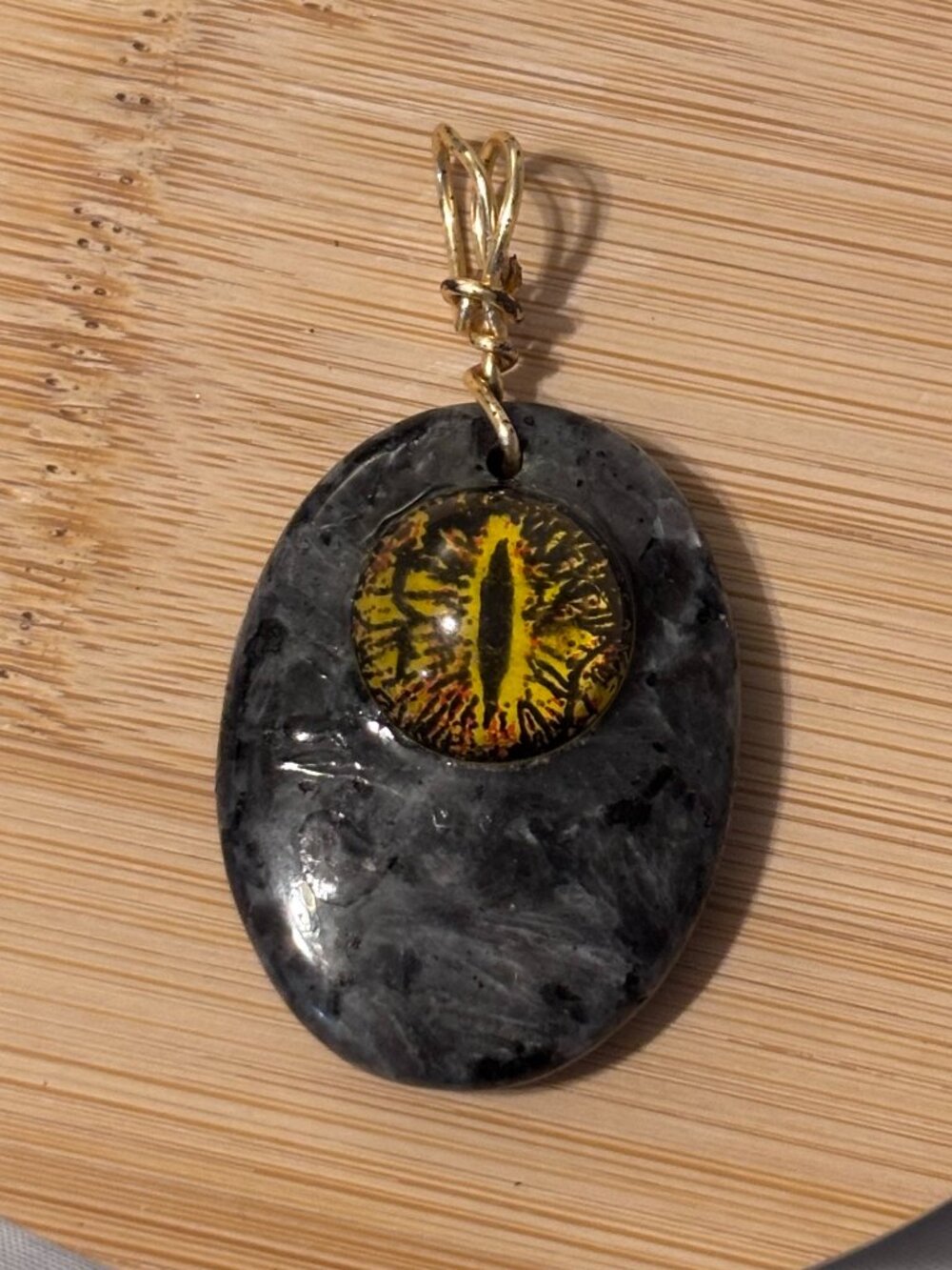 Fantasy Dragon Eye Stone Pendant Gray Black Oval Cabochon Gold Tone Bail Gothic